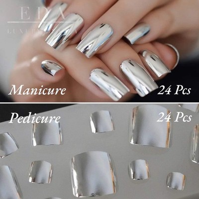 Metallic Silver Press On Nails & Toenails Mirror Effect Manicure Pedicure Set