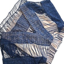 Threadwear Crochet Lace Fringe Dress Womens Small Navy Blue V-Neck Cocktail New