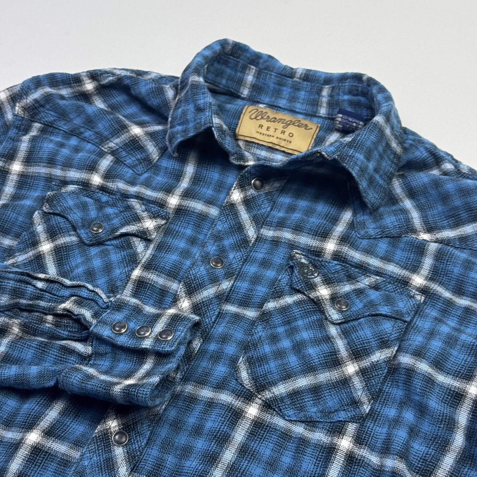 Wrangler Flannel Shirt Womens Large Blue Plaid Pearl Snap We