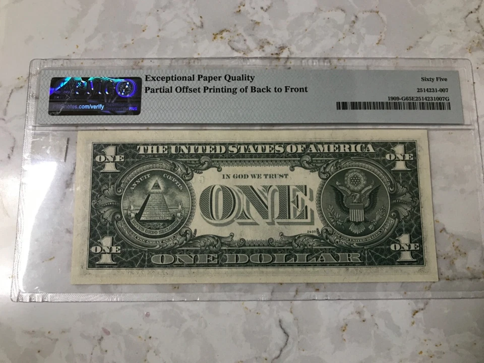 ERROR NOTE 1 DOLLAR PMG65EPQ,GEM BU, PARTIAL OFFSET PRINTING FROM BACK TO FRONT - Image 4 of 4