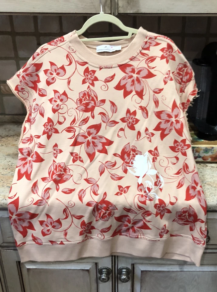 Anthropologie Stella McCartney Sweatshirt Floral Embroidery Peach Red S NEW - Image 3 of 4