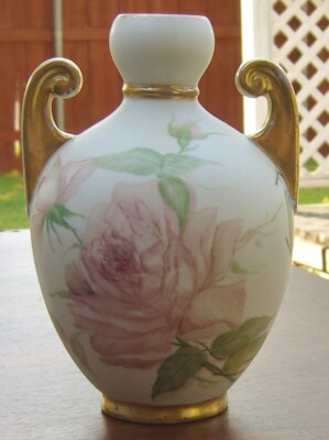 Hand Painted & Gilded Matte Finish Amphora Shape Vase Roses Austrian  AS IS