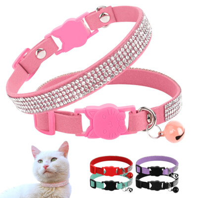 Rhinestone Diamond Cat Collar Quick Release Soft Leather Kitten Collar Free  Bell