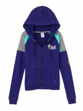 Victoria's Secret PINK Perfect Full Zip Colorblock Hoodie Navy/Gray XS NWT