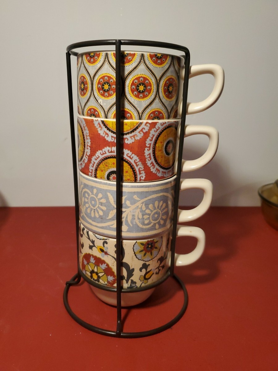 Pier 1 One Imports 4 Stackable Coffee Tea Mugs Cups w/Metal Rack