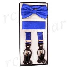 New Convertible Elastic Suspender_Bow tie & Hankie metallic Royal blue formal