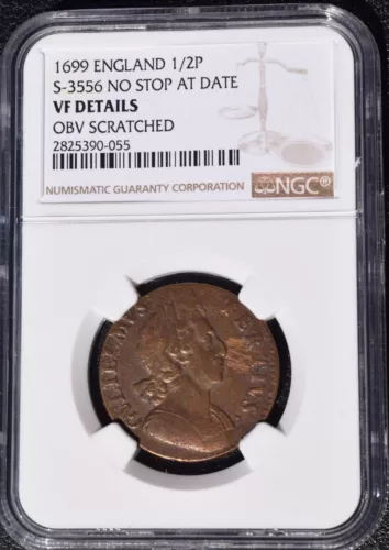 1699 Great Britain 1/2 Penny, England, NGC VF Details - Scratch, S-3556 