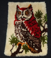 Vtg 70s Completed Latch Hook Rug Wall Hanging Owl on Branch 20x27"