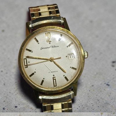 Vintage Germinal Voltaire Swiss Made 17 Jewel Men's Watch Ref 690 Date Gold Tone