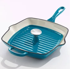 Enameled Cast Iron Grill Pan with Press Blue