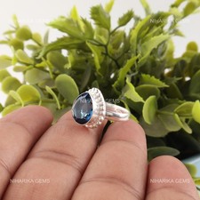 925 Sterling Silver Natural London Blue Topaz Solitaire Statement Ring Jewelry