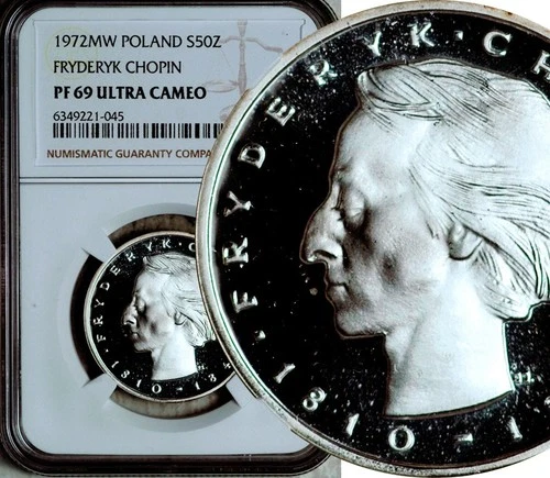 NGC PF-69 ULTRA CAMEO POLAND SILVER 50 ZLOTYCH 1972 (CHOPIN) POP: 50/2