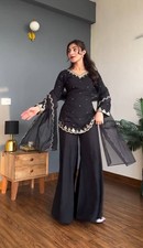Latest Natural Crep Silk Black Top Palazzo With Dupatta For Women Party Wear