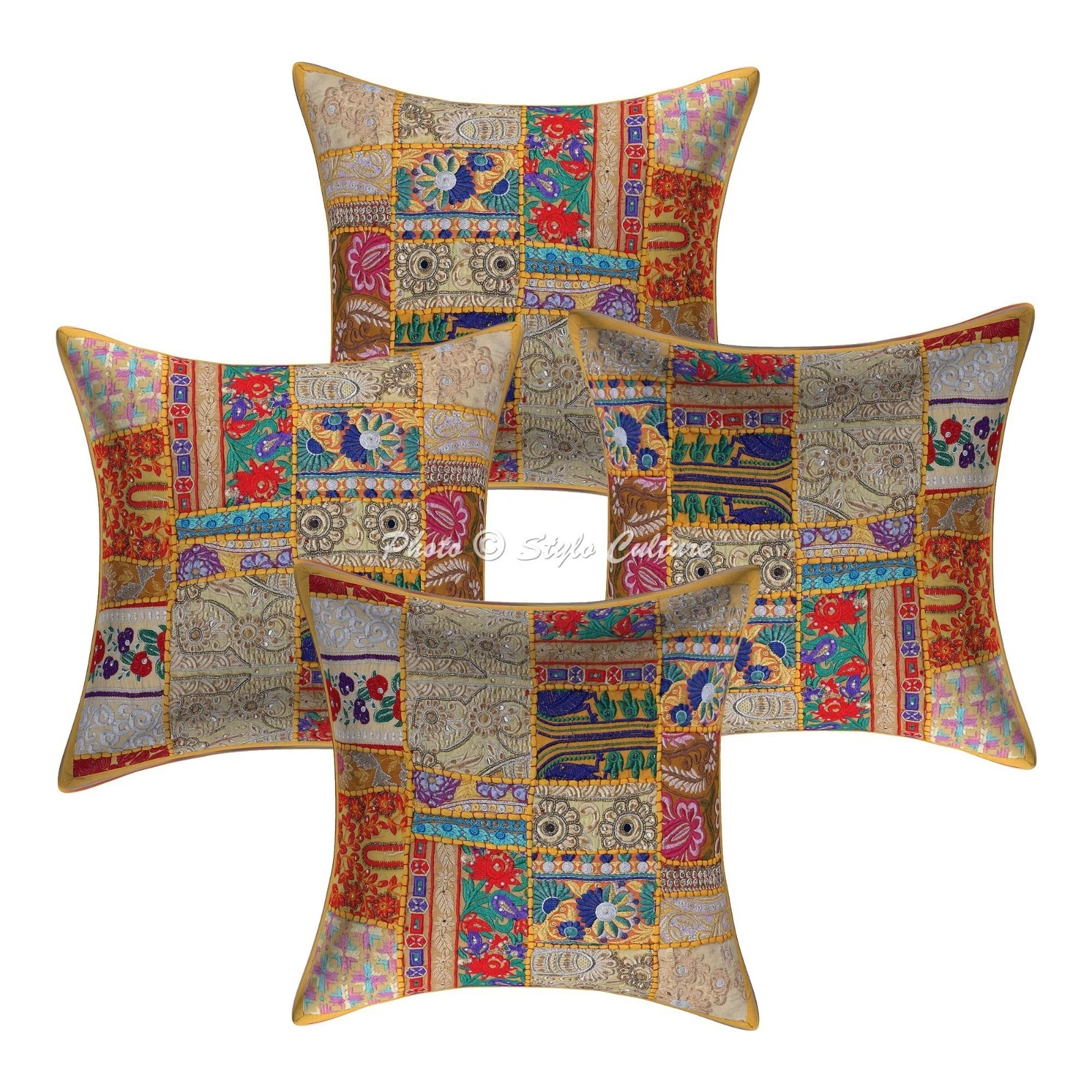 Indian Cotton Throw Pillow Covers Vintage Patchwork Yellow Abstract Home Decor