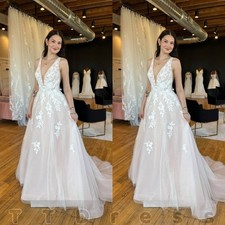 Wedding Dress Deep V Neck Floral Lace Appliques Bridal Gown with Chapel Train