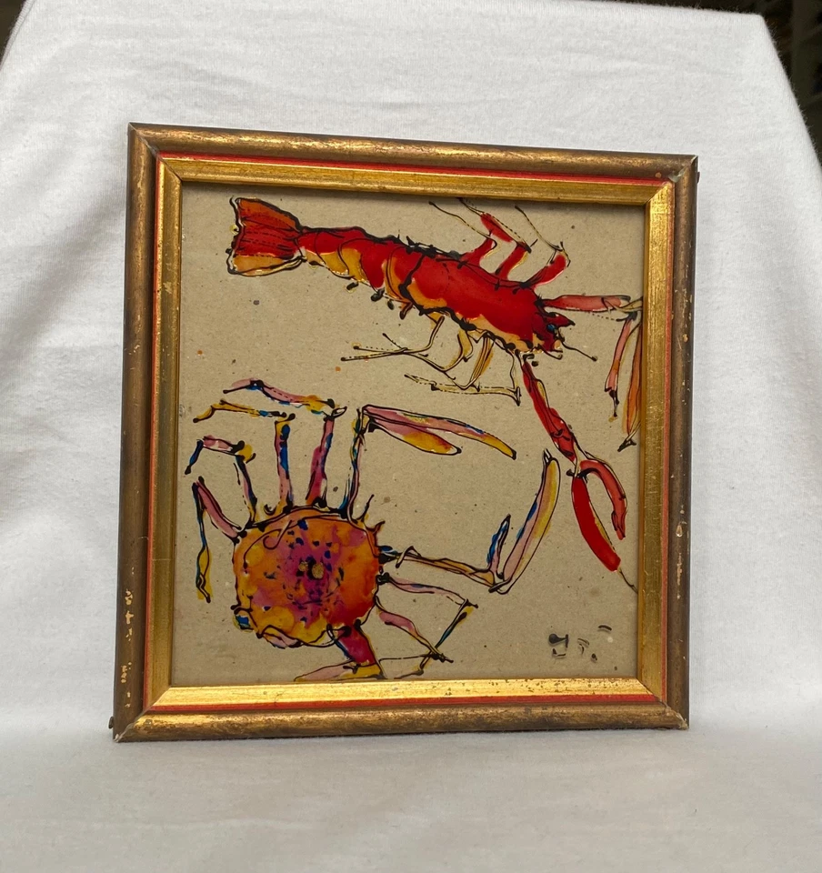 Seltsames altes Glasbild Expressionismus HUMMER und KRABBE Lobster and Crab  - Bild 4 von 4