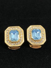Vtg Christian Dior Gold Tone Blue Topaz Rhinestone Clip On Earrings Octagon