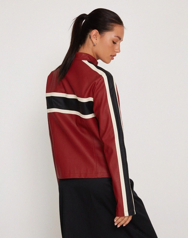 Women's Red Leather Jacket Biker Striped Moto Lambskin Coat - Image 2 of 4