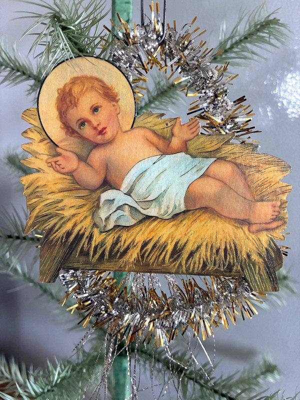 Antique Look Scrap Christmas Ornament,   BABY  JESUS,  Tinsel,   Handmade