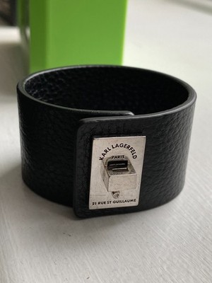 Karl Lagerfeld Rue St. Guillaume Cuff Black Leather Crystal Bracelet - Small