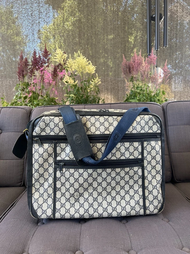 Vintage 1970s GUCCI Suitcase GUCCI Blue  Monogram Coated Canvas Pilot Travel Bag - Image 2 of 4