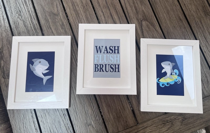 Set Of Three Shark Prints For Children’s Bathroom