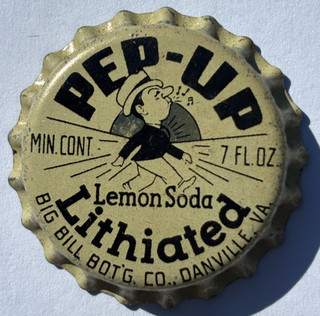 PEP UP LITHIATED LEMON SODA BOTTLE CAP BIG BILL BOT. CO. DANVILLE VA UNUSED CORK
