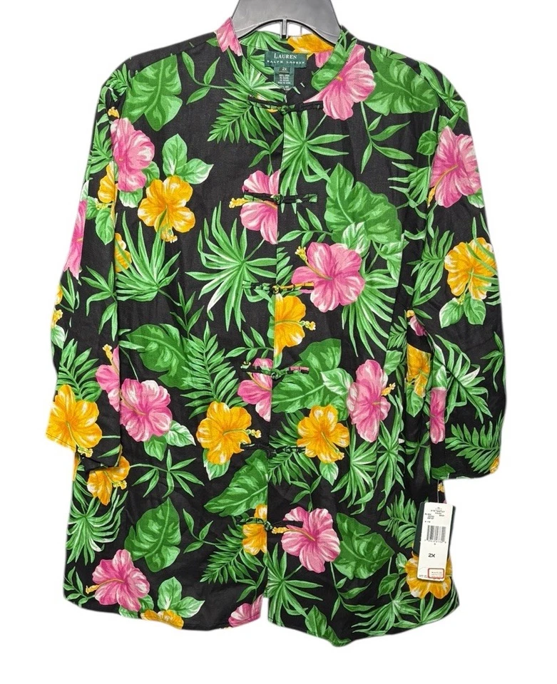 Lauren Ralph Lauren Woman Kauai Linen Jacket Frog Closure Hawaiian Floral  2X - Image 2 of 4