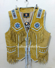 Men's Western Cowboy Fringe Beaded Tan Suede Leather Vest: Native American Style