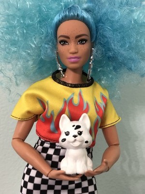Mattel Barbie Extra Curvy Dressed Articulated Doll w/ Curly Blue Hair & Freckles
