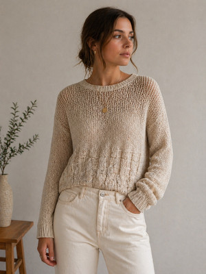 Vintage Oui Linen Sweater Women L Oatmeal Beige Knit Lightweight Minimalist