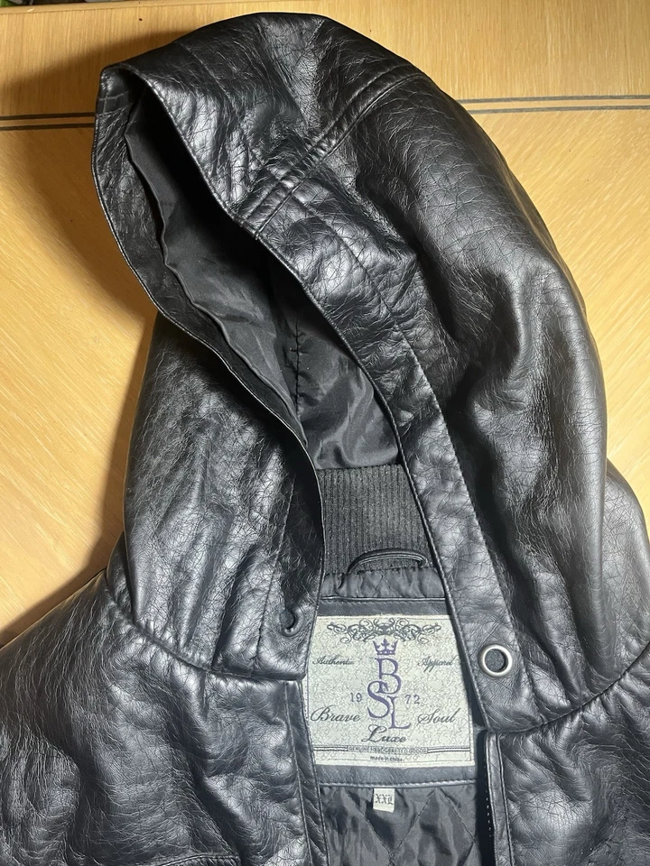 Jaqueta masculina Brave Soul Luxe vintage couro preto zíper completo com capuz XXL - Imagem 3 de 4