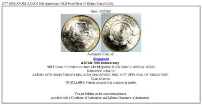 1977 SINGAPORE ASEAN 10th Anniversary OLD Proof Silver 10 Dollars