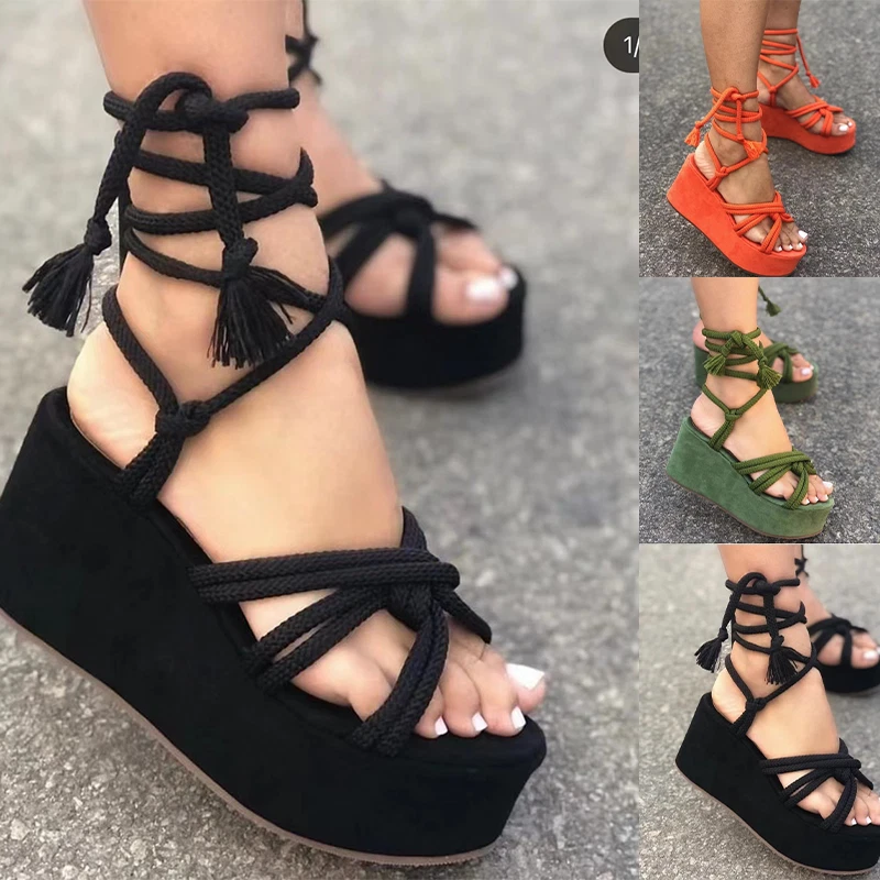 Womens Sandals Wedges Heels Ankle Strap Flatform Lace Up Platform Shoes Size