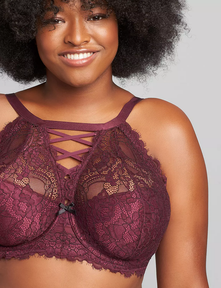 ロドリリオン　LACE LINGERIE V-NECK PULLOVERブラウス 230625 LANE BRYANT GRAPE WINE LACE HIGH NECK FRENCH BALCONETTE BRA