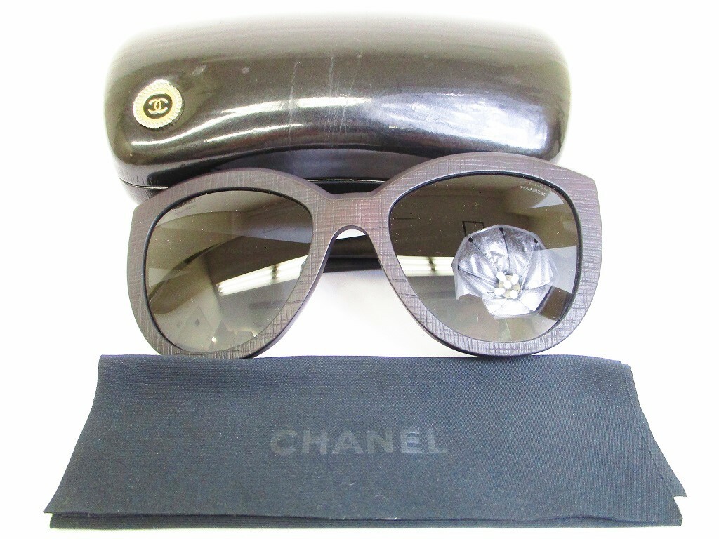 Auth CHANEL Gray Lens Brown Plastic Frame Sunglasses Eye 