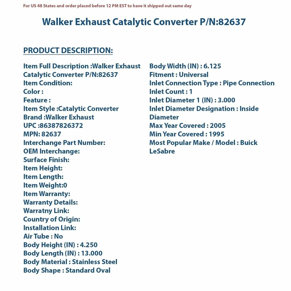 Walker Exhaust Catalytic Converter 82637 | High-Quality Auto Part, Universal Fit - Image 4 of 4