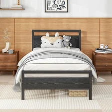 Twin Bed Frame with Wood Headboard,Metal Single Platform Bed Frame Twin Size No