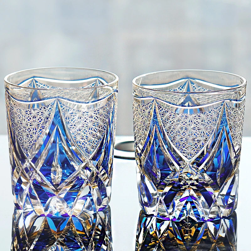 Vasos de whisky de cristal Edo Kiriko cortados a mano a azul claro 9 oz embalaje de regalo Foto 2 de 4