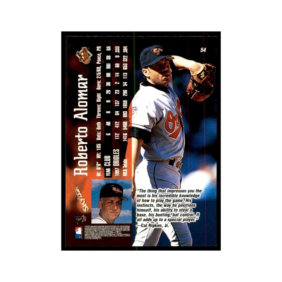 Tarjetas de béisbol SkyBox Dugout Axcess Roberto Alomar 1998 #54 Foto 2 de 3