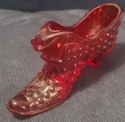Vintage Fenton Art Glass Red Hobnail Cat Head Slipper Shoe Boot Cadmium Glows
