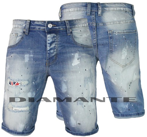 Bermuda Jeans uomo Denim strappati con pittura pantaloncino corto nuovo 257  | eBay