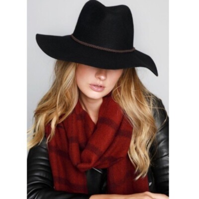 Wool Panama Hat Black Wide Brim Braided Accent Women Western 