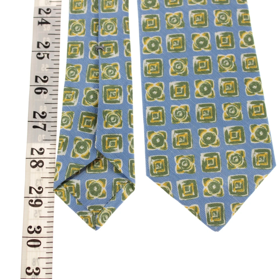 Corbata Kiton nueva sin etiquetas mezcla de lino/seda siete pliegues azul con formas verde/amarillo/blanco Foto 4 de 4