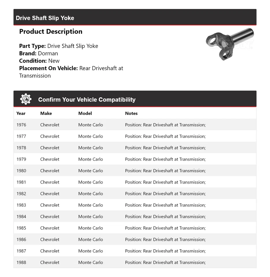 For 1976-1988 Chevrolet Monte Carlo Dorman Drive Shaft Slip Yoke 1977 1978 1979 - Image 2 of 4