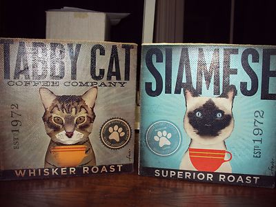 2 KATZEN KAFFEE WANDKUNST LEINWAND PLAKETTEN TABBY KATZE SIAM ANZUG ZUHAUSE KÜCHE CAFE