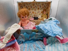 Vintage Doll Steamer Trunk Case Metal --2 dolls  handmade clothes 16"X10"