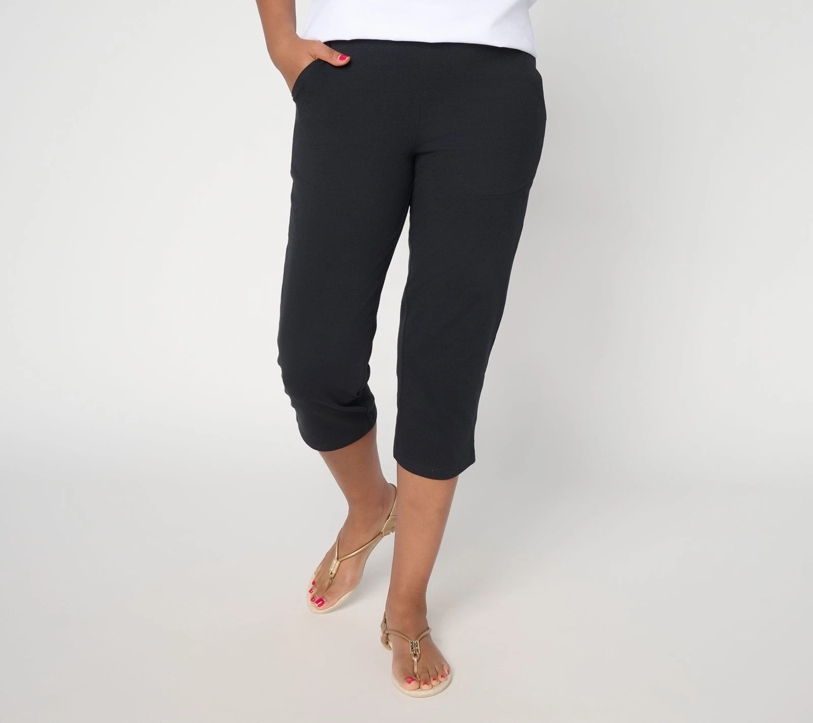 Denim & Co. Petite Duo Stretch Capri Pants with Pockets Black M New