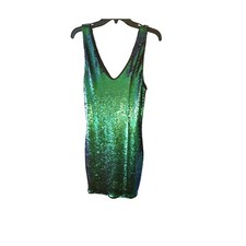 Charlotte Russe Sequin Dress Women M Green Excellent Iridescent V-Neck Bodycon