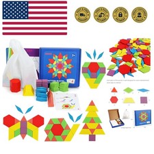 155 Pcs Wooden Pattern Blocks Set Geometric Shape Puzzle Kindergarten Classic...